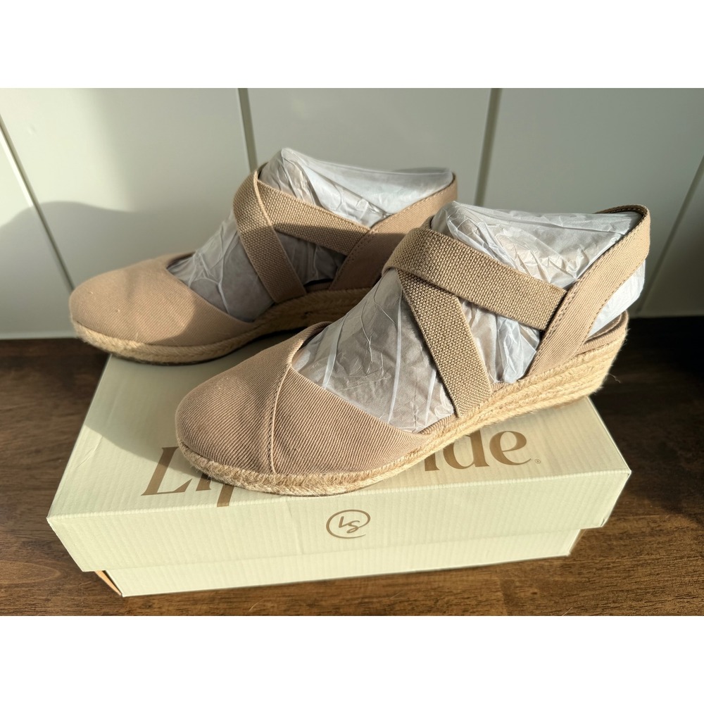 LifeStride Kimball Espadrille Wedge Sandals Taupe Canvas Womens 6M J3828F1250